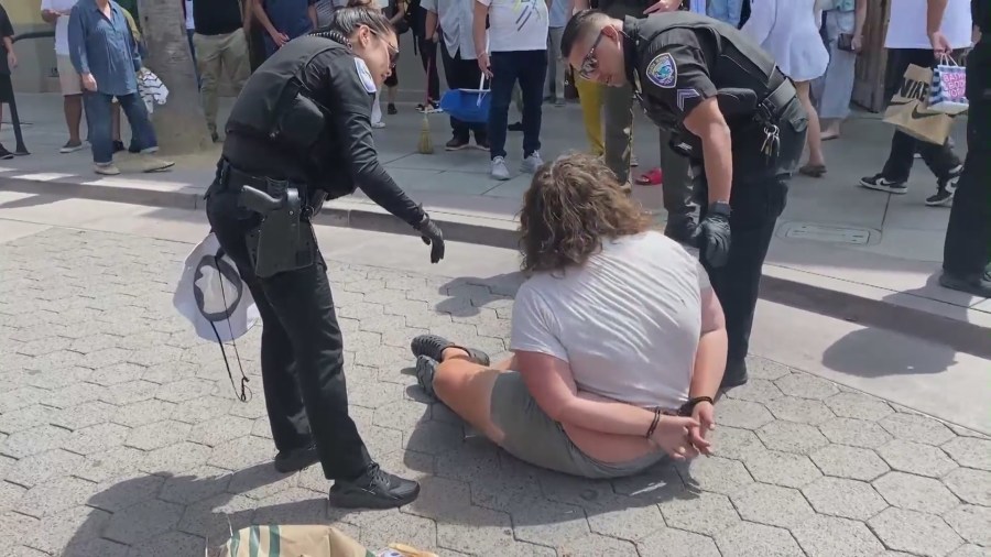 A homeless man was captured on video attacking a Santa Monica city councilman at Third Street Promenade on July 16, 2023. (Kathryn W. Boole)