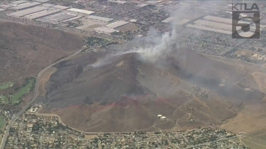 The fast-moving “Oak Fire” erupted in Jurupa Valley in Riverside County on July 19, 2023. (KTLA)