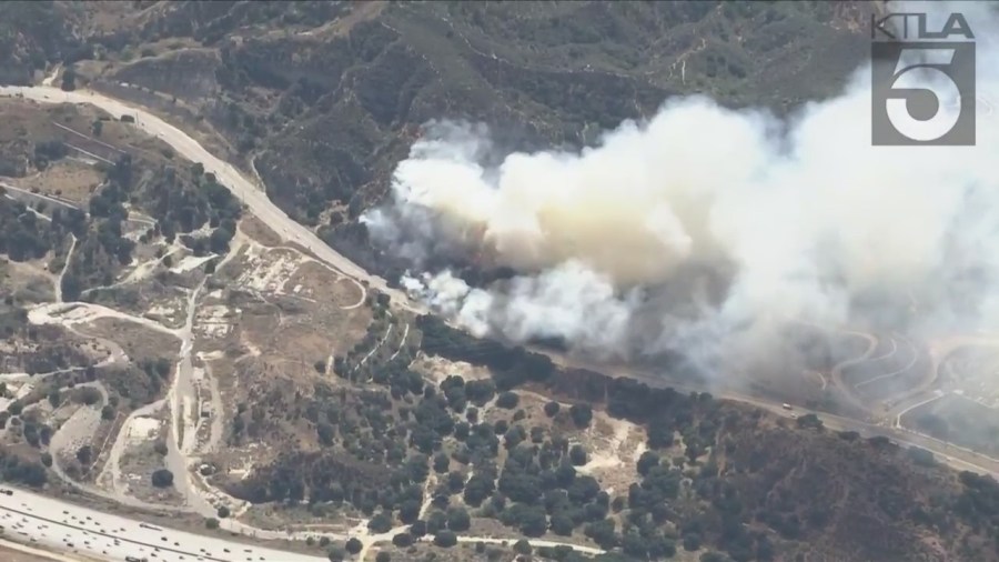 The Victor Fire broke out in Sylmar near the Newhall Pass area on July 25, 2023. (KTLA)