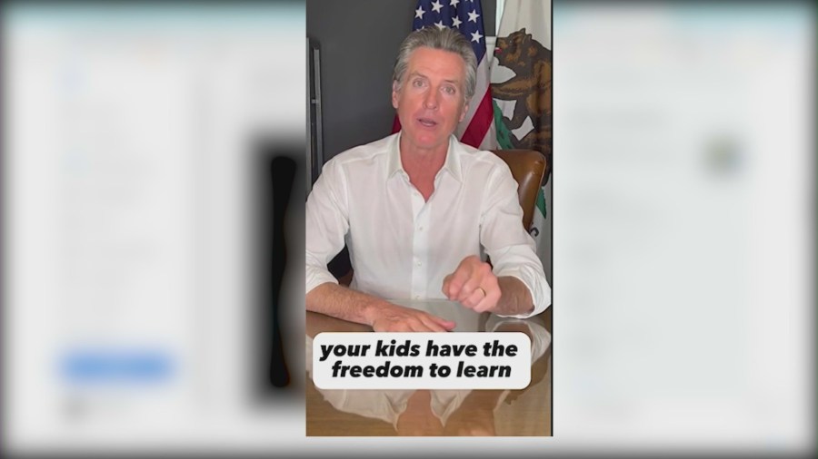 California Governor Gavin Newsom in a July 13 video vowing to send the approved social studies textbooks to the Temecula Valley Unified School District after the school board voted to reject the books based on mentions of LGBTQ+ figures. (Gov. Gavin Newsom)