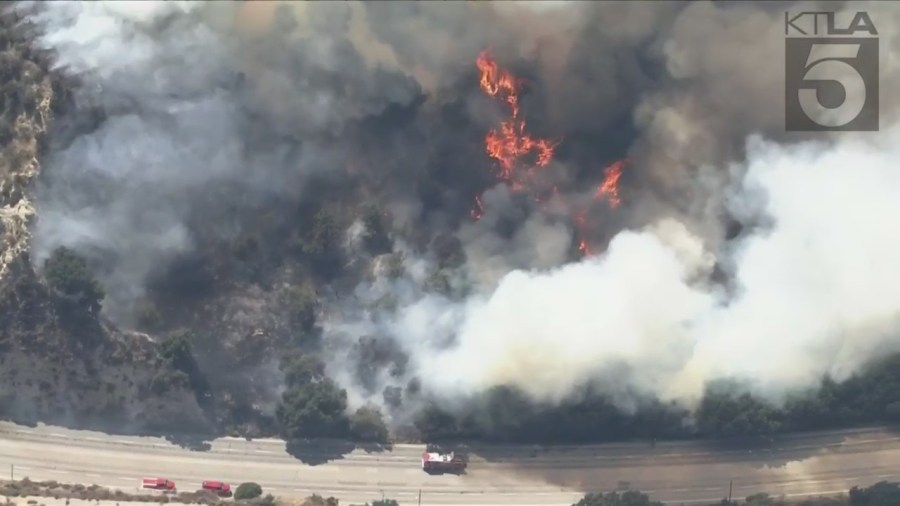 The Victor Fire broke out in Sylmar near the Newhall Pass area on July 25, 2023. (KTLA)