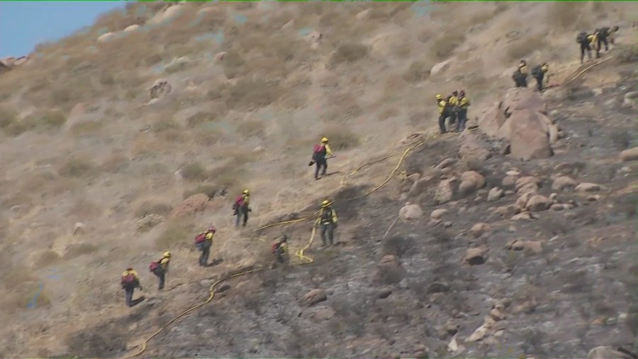 The fast-moving “Oak Fire” erupted in Jurupa Valley in Riverside County on July 19, 2023. (KTLA)