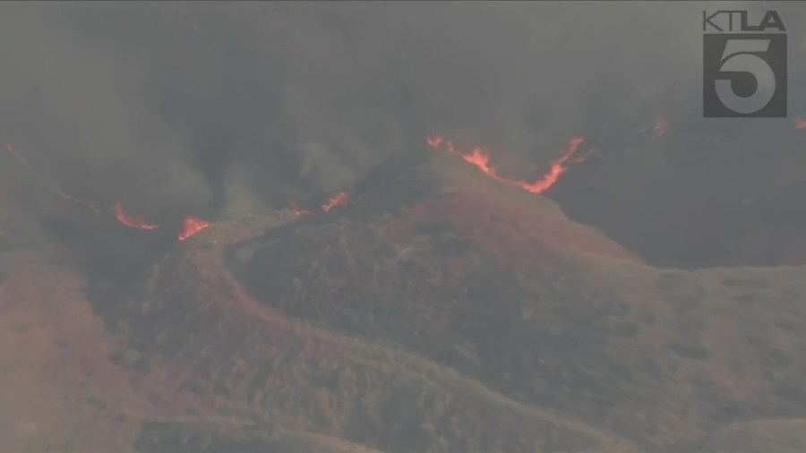 Firefighters are responding to a wildfire that erupted in Moreno Valley on July 14, 2023. (KTLA)