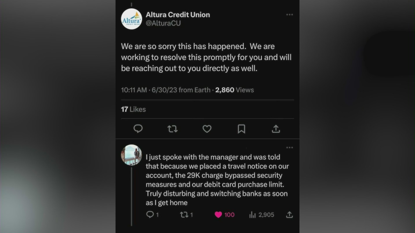 A message from the couple's bank explaining the erroneous charge. (Dominique Adams)