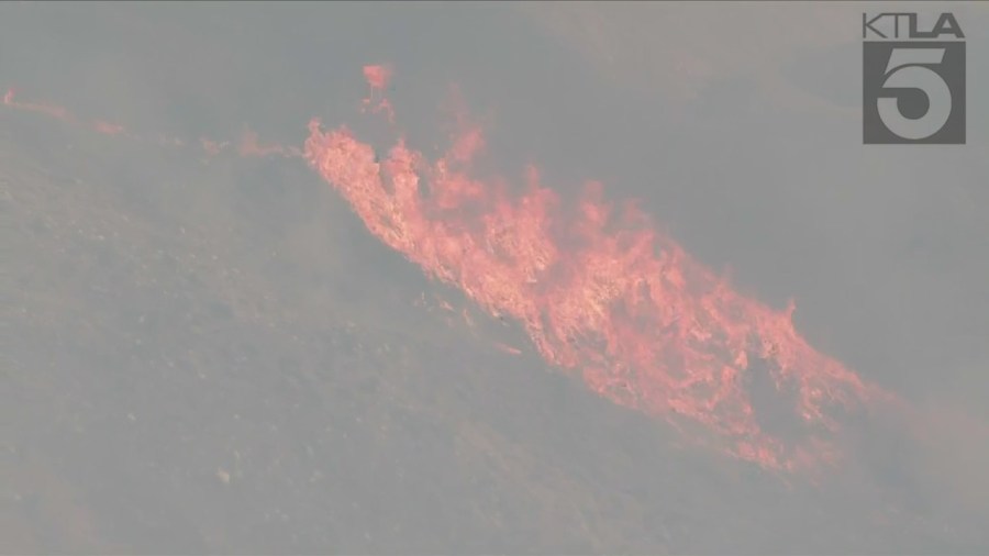 Firefighters are responding to a wildfire that erupted in Moreno Valley on July 14, 2023. (KTLA)