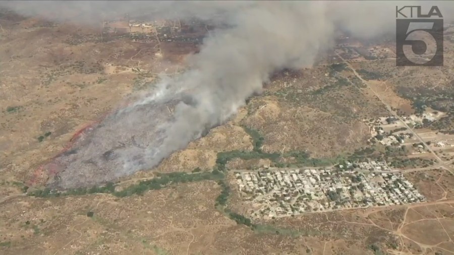 The Gavilan Fire forces evacuations in Riverside County on July 15, 2023. (KTLA)