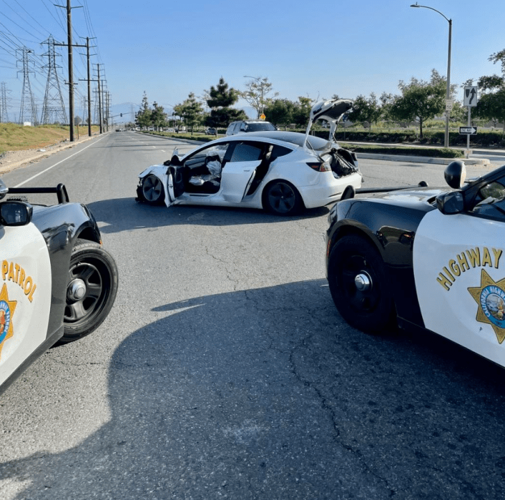 Four robbery suspects in a Tesla were arrested after a high-speed pursuit in San Bernardino County on July 5, 2023. (California Highway Patrol)