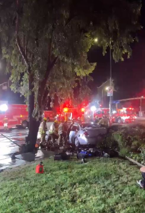 Four people were hospitalized in critical condition after a high-speed crash in Woodland Hills on July 8 2023. (Citizen)