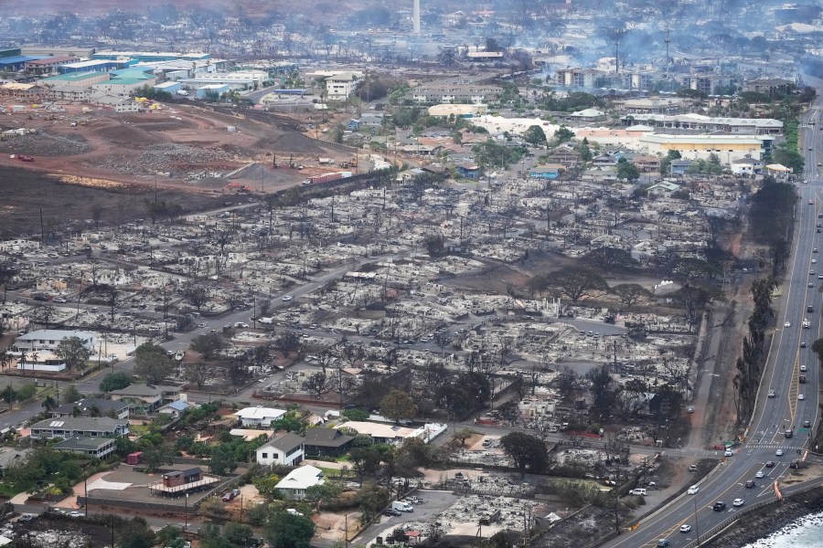 Wildfire wreckage is shown Thursday, Aug. 10, 2023, in Lahaina, Hawaii. The search of the wildfire wreckage on the Hawaiian island of Maui on Thursday revealed a wasteland of burned out homes and obliterated communities. (AP Photo/Rick Bowmer)