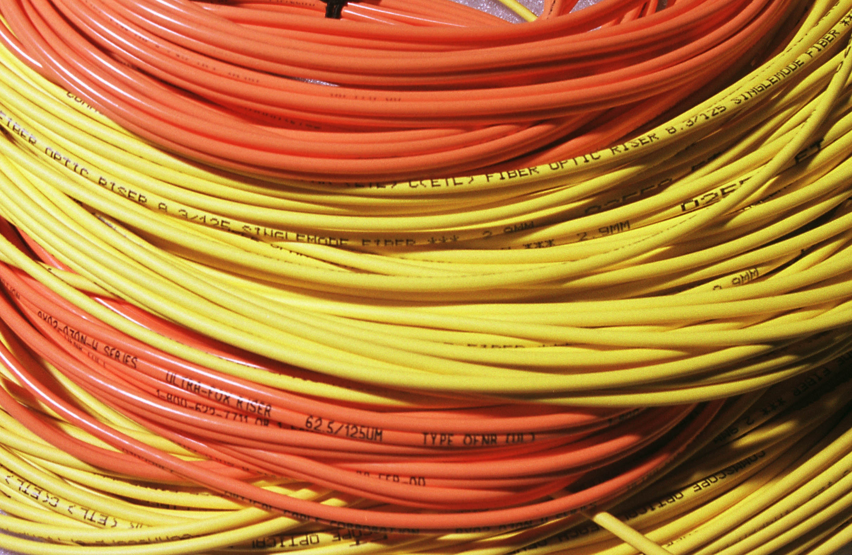 Insulated fiber-optic cable from the Fiberoptic Supply Company is on display June 20, 2001, in Denver, Colorado. (Michael Smith/Getty Images)