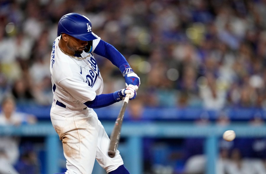 Mookie Betts #50 of the Los Angeles Dodgers singles in the eighth inning against the Colorado Rockies at Dodger Stadium on Aug. 10, 2023 in Los Angeles. (Kevork Djansezian/G