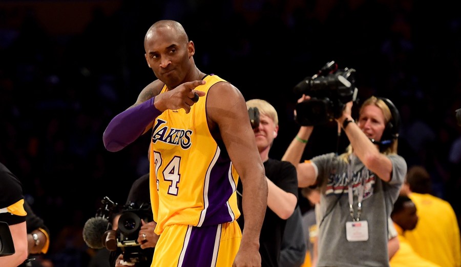 Kobe Bryant of the Los Angeles Lakers reacts before taking on the Utah Jazz at Staples Center on April 13, 2016, in Los Angeles. (Harry How/Getty Images)
