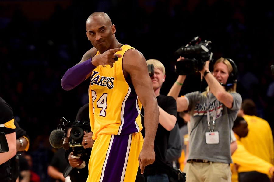 Kobe Bryant of the Los Angeles Lakers reacts before taking on the Utah Jazz at Staples Center on April 13, 2016, in Los Angeles. (Harry How/Getty Images)