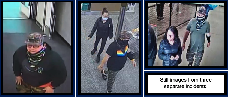 Two people sought in separate pickpocket incidents in Burbank are seen in images released by the Burbank Police Department on Aug. 22, 2023.