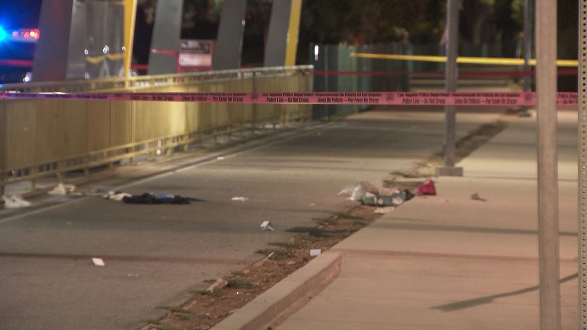 One person was killed and another hospitalized after a deadly shooting at a Metro bus station in Tarzana on August 4, 2023. (KTLA)