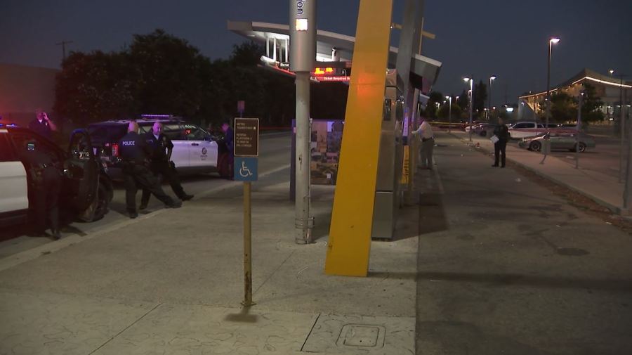 One person was killed and another hospitalized after a deadly shooting at a Metro bus station in Tarzana on August 4, 2023. (KTLA)