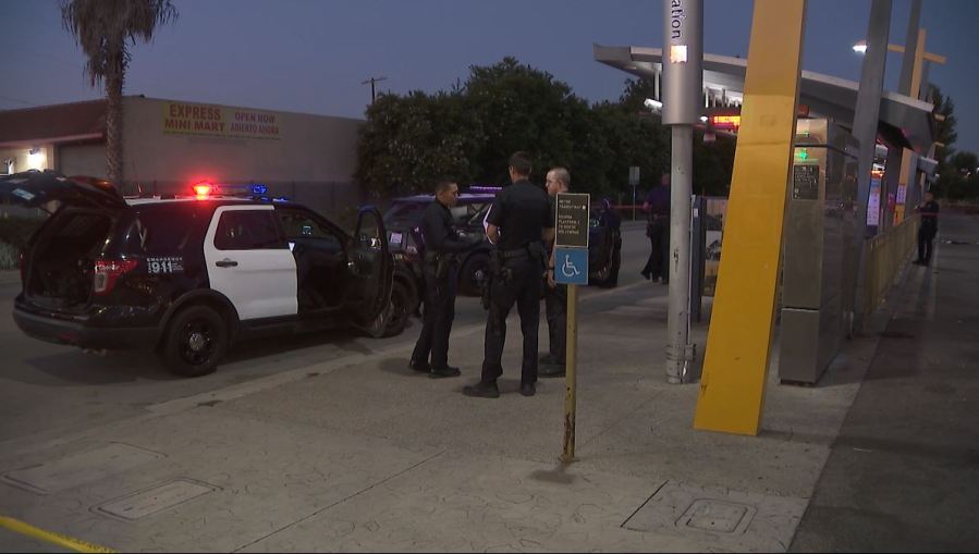 One person was killed and another hospitalized after a deadly shooting at a Metro bus station in Tarzana on August 4, 2023. (KTLA)