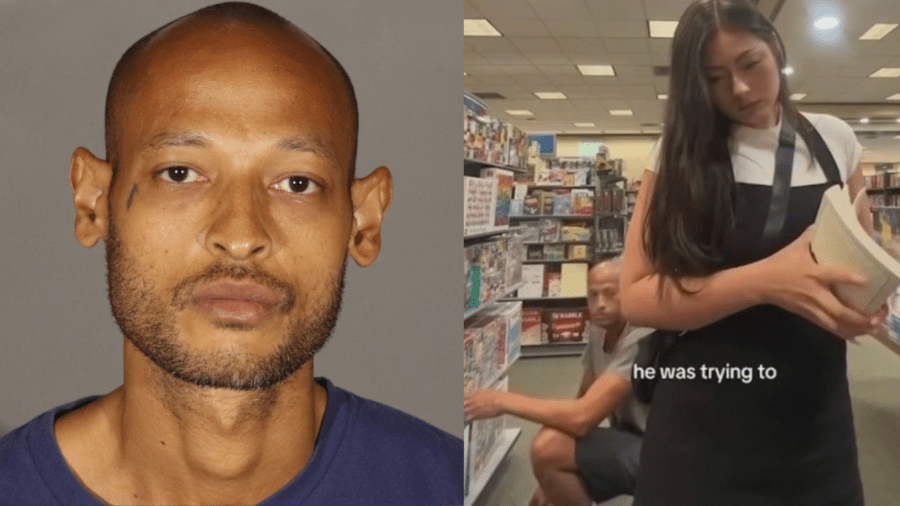 Calese Crowder seen in an August 17, 2023 booking photo along with a TikTok video clip that captures a man lurking extremely close to a woman’s legs in a Burbank Barnes & Noble on August 7, 2023. (Glendale Police Department, Michaela Witter)