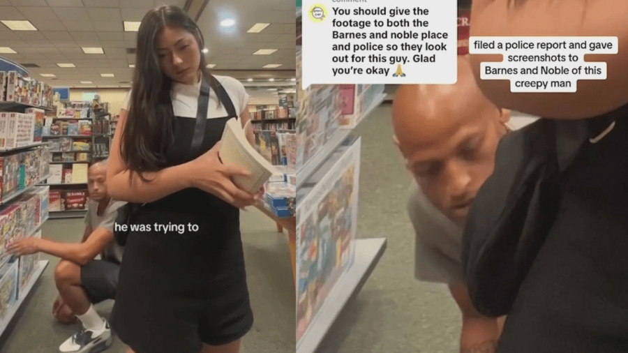 A TikTok video captures a man lurking extremely close to a woman's legs while she was shopping in a Burbank Barnes & Noble.