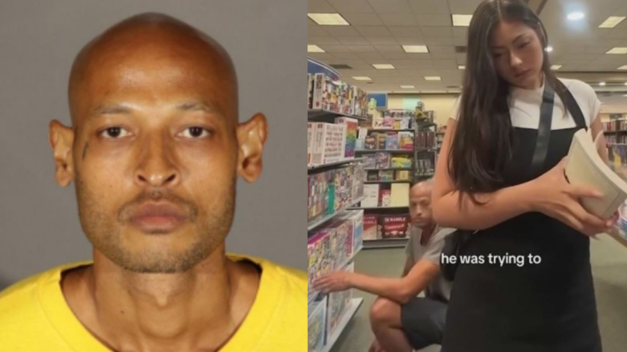 A TikTok video captures a man lurking extremely close to a woman's legs while she was shopping in a Burbank Barnes & Noble on August 7, 2023. An Aug. 11 mugshot of Crowder is seen. (Michaela Witter, Glendale Police Department)