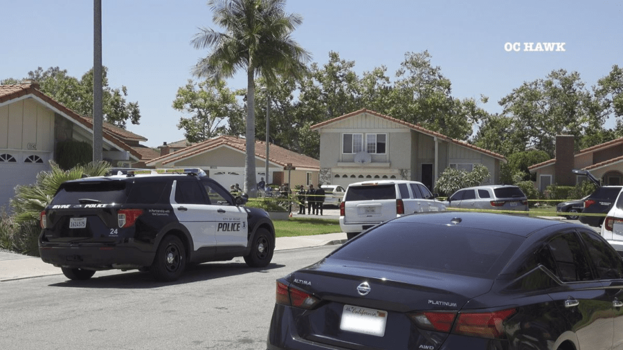 Police are searching for suspects after a man was shot and killed in an Irvine neighborhood on Aug. 3, 2023. (OC Hawk)