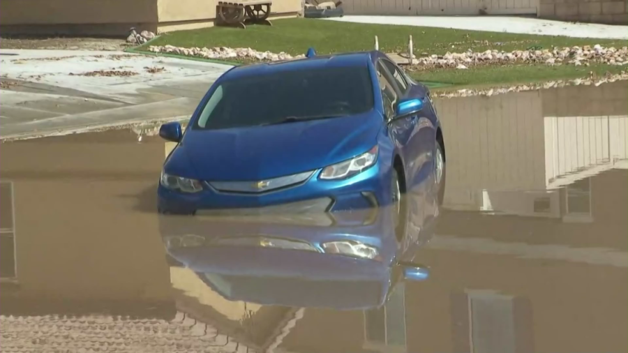 A flooded street near Lake Los Angeles is seen on Aug. 21, a day after Tropical Storm Hilary slammed Southern California. (KTLA) 