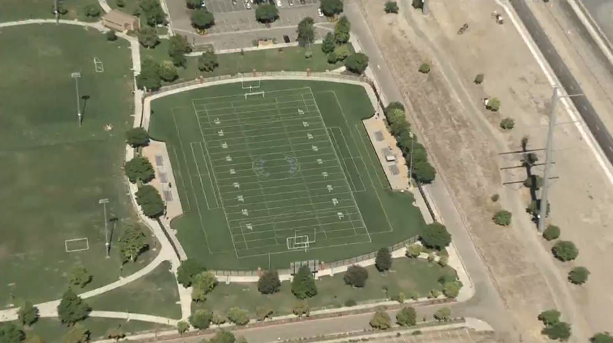 Football field at Ruben S. Ayala Park in Chino, California. (KTLA)