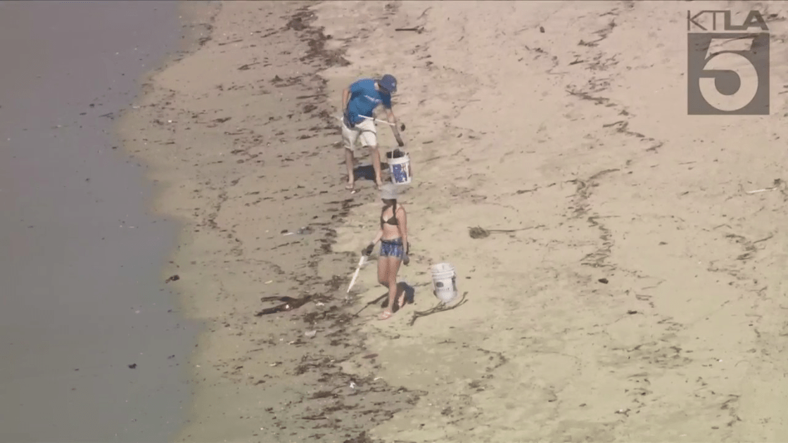 Two people pick up trash and other debris along the shore in Seal Beach on Aug. 23, 2023. (KTLA)