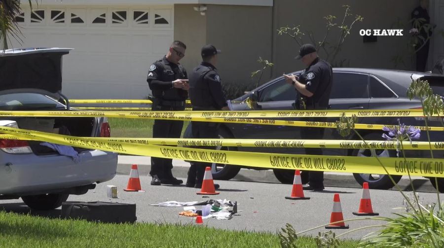 Police are searching for suspects after a man was shot and killed in an Irvine neighborhood on Aug. 3, 2023. (OC Hawk)