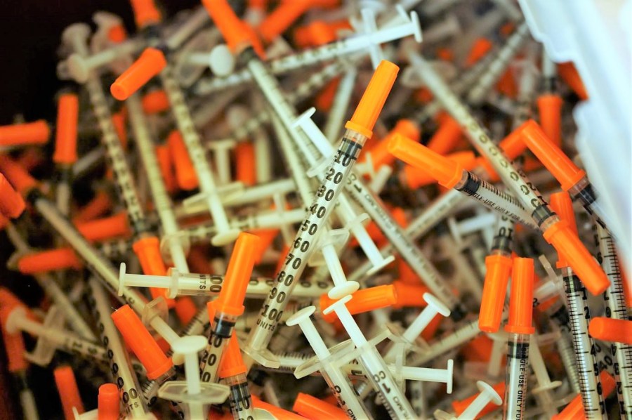 Used syringes are discarded at a needle exchange clinic on Feb. 6, 2014. (Spencer Platt/Getty Images)