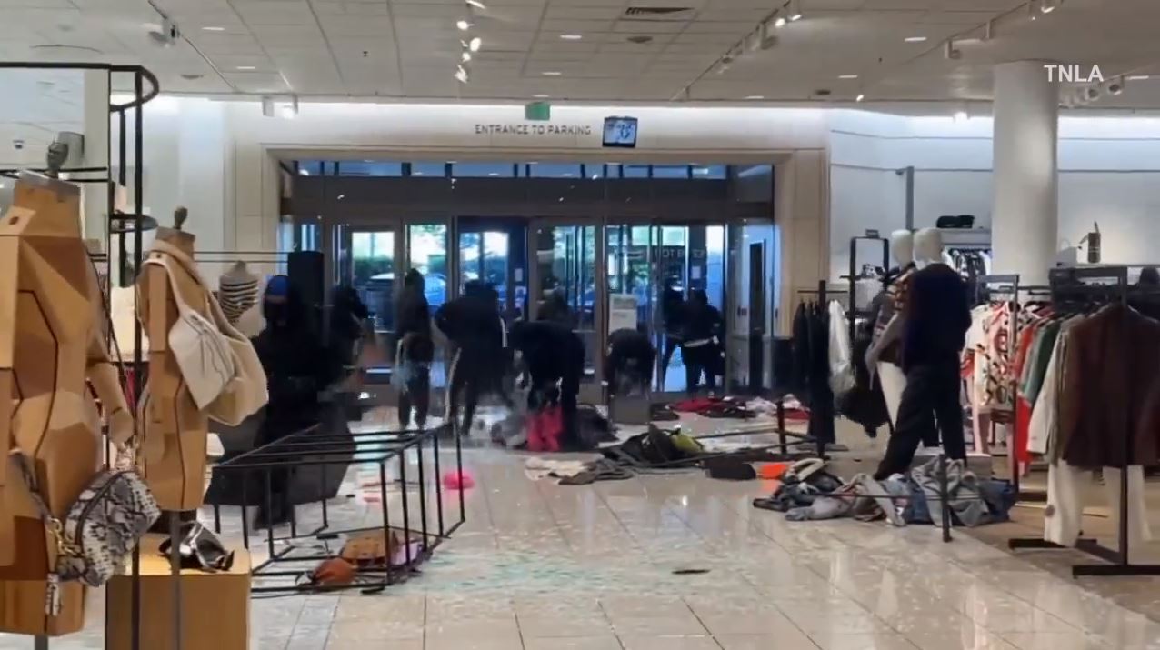 Video captured a mob of thieves swarming a Nordstrom in Canoga Park as they cleared out the store during a destructive robbery on August 12, 2023. (TNLA)