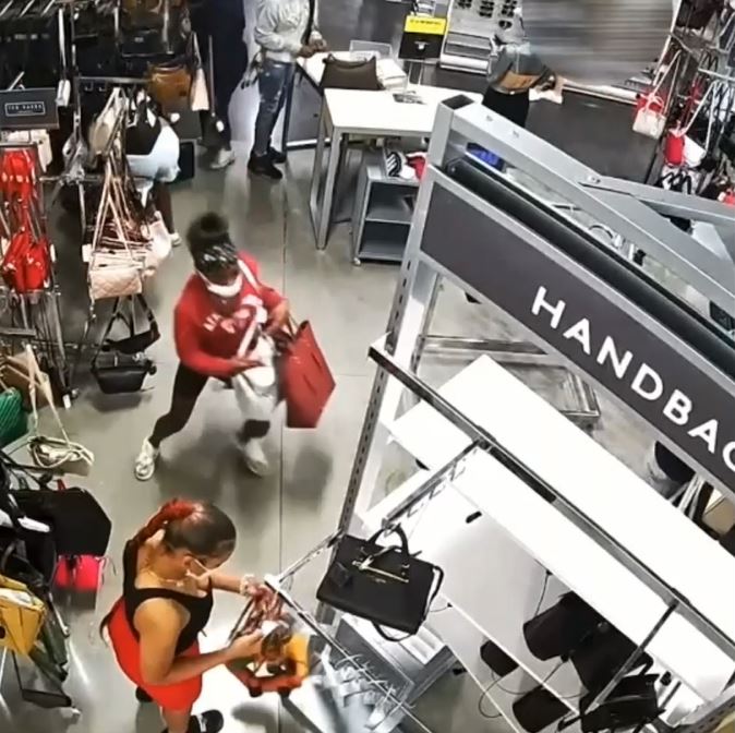 Security video captured a mob of thieves ransacking a Nordstrom Rack in Riverside and escaping with thousands of dollars worth of designer handbags. (Riverside Police Department)