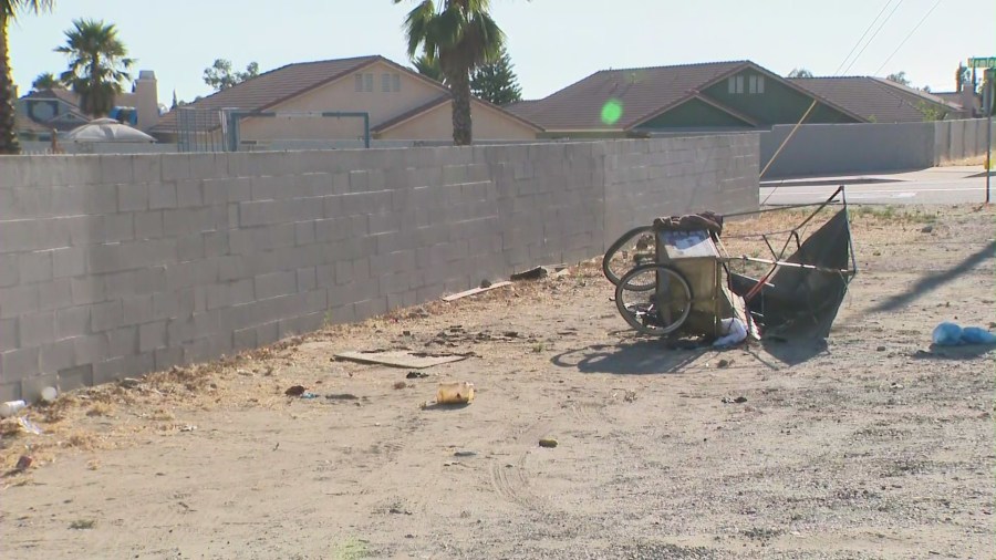 Yasmini Camacho’s mangled street vendor cart after a being struck by a hit-and-run driver in Fontana on Aug. 3, 2023. (KTLA)