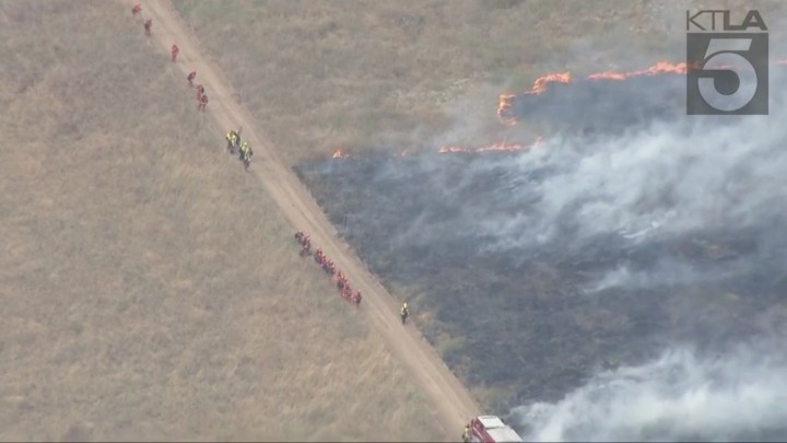 Fire crews battling the massive Rock Fire in Perris on August 9, 2023. (KTLA)