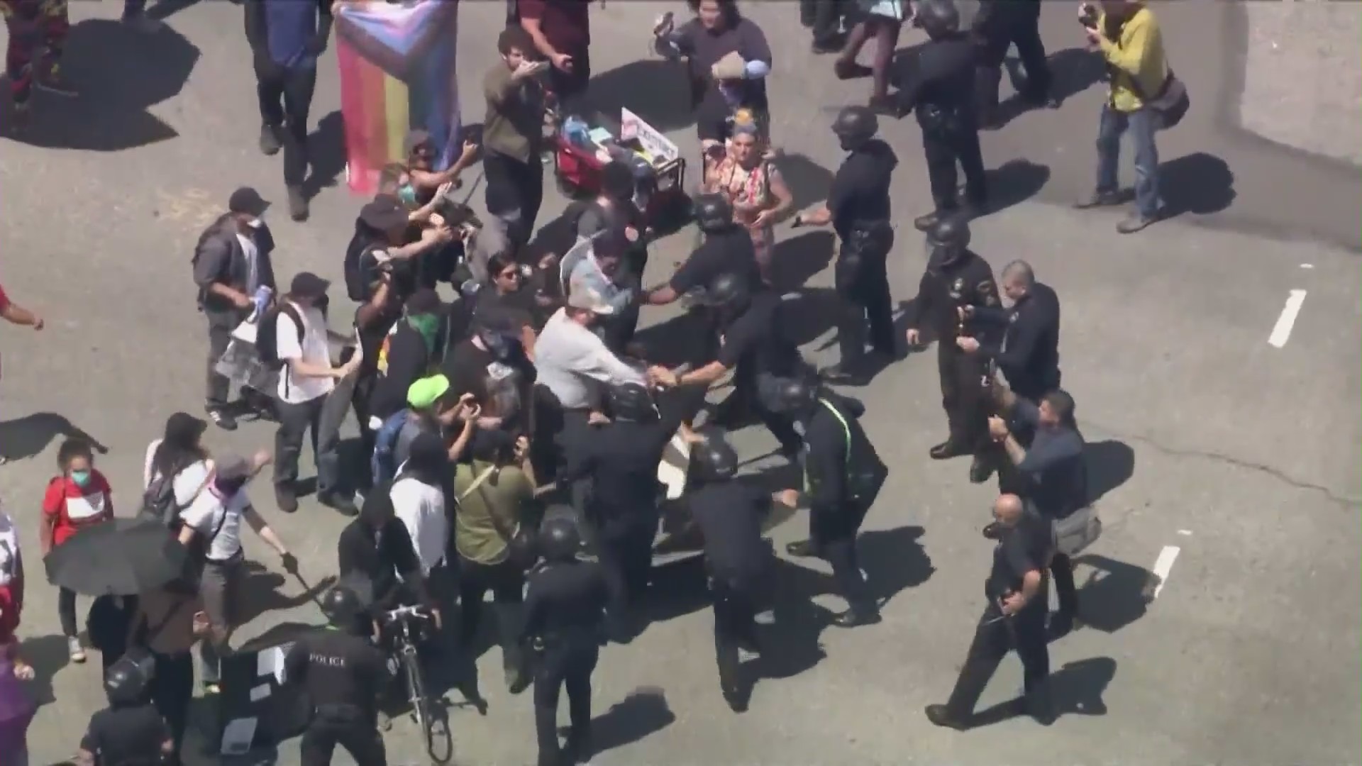 Violence erupted between a parental rights group and LGBTQ+ supporters over the call for transgender notification policies at Los Angeles public schools on August 22, 2023. (KTLA)