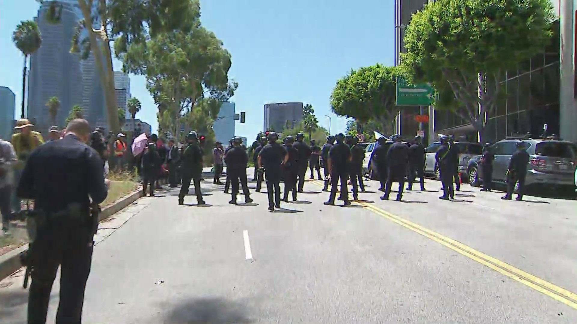 Violence erupted between a parental rights group and LGBTQ+ supporters over the call for transgender notification policies at Los Angeles public schools on August 22, 2023. (KTLA)