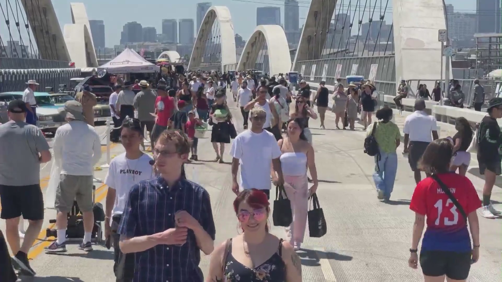 Bridgefest LA 2023 took over the 6th Street Bridge in downtown Los Angeles on Aug. 5, 2023. (KTLA)