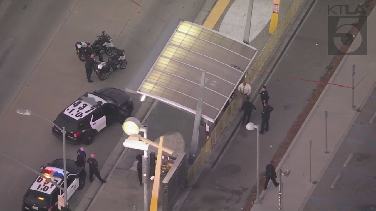 One person was killed and another hospitalized after a deadly shooting at a Metro bus station in Tarzana on August 4, 2023. (KTLA)