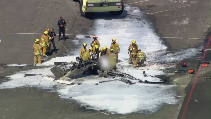 Firefighters extinguished a plane fire in Van Nuys on Aug. 2, 2023. (KTLA)