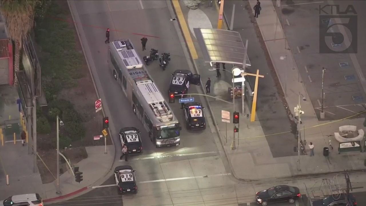 One person was killed and another hospitalized after a deadly shooting at a Metro bus station in Tarzana on August 4, 2023. (KTLA)