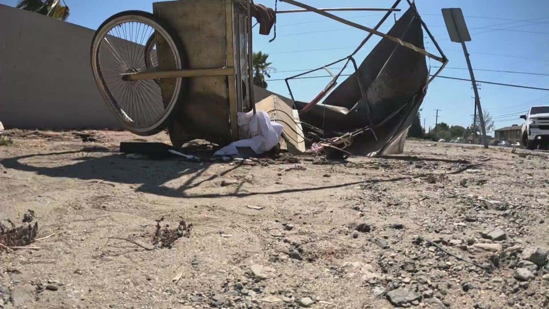 Yasmini Camacho’s mangled street vendor cart after a being struck by a hit-and-run driver in Fontana on Aug. 3, 2023. (KTLA)