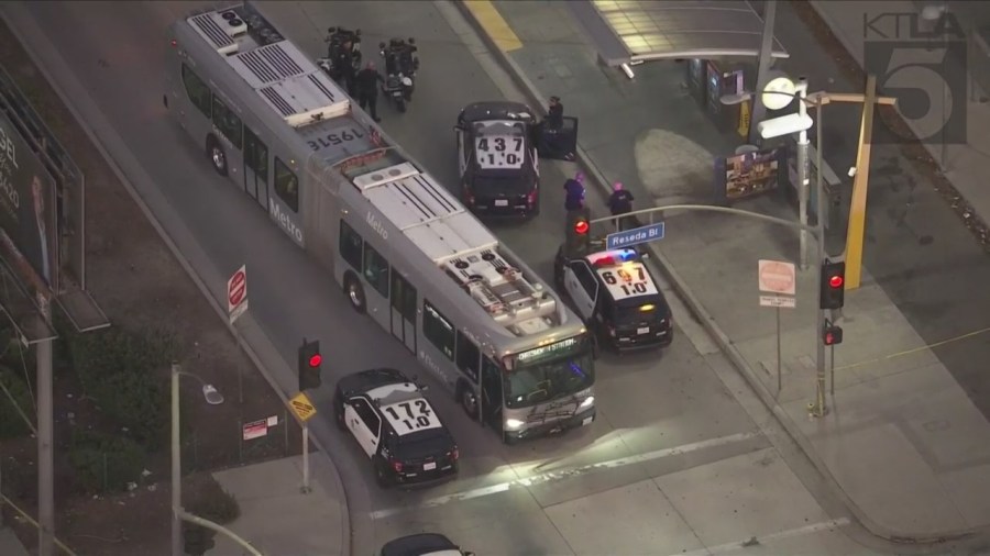 One person was killed and another hospitalized after a deadly shooting at a Metro bus station in Tarzana on August 4, 2023. (KTLA)