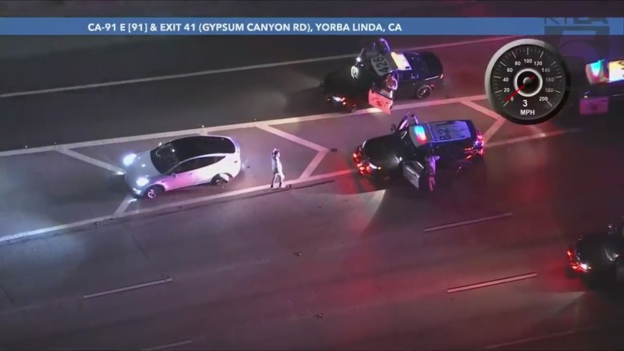 A Tesla driver was arrested after a pursuit through L.A. and Orange counties on Aug. 26, 2023. (KTLA)