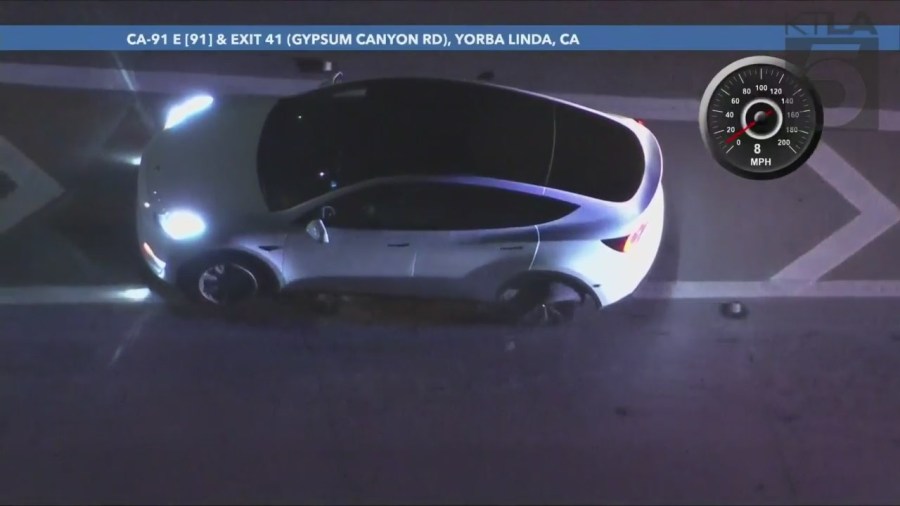 A Tesla driver was arrested after a pursuit through L.A. and Orange counties on Aug. 26, 2023. (KTLA)