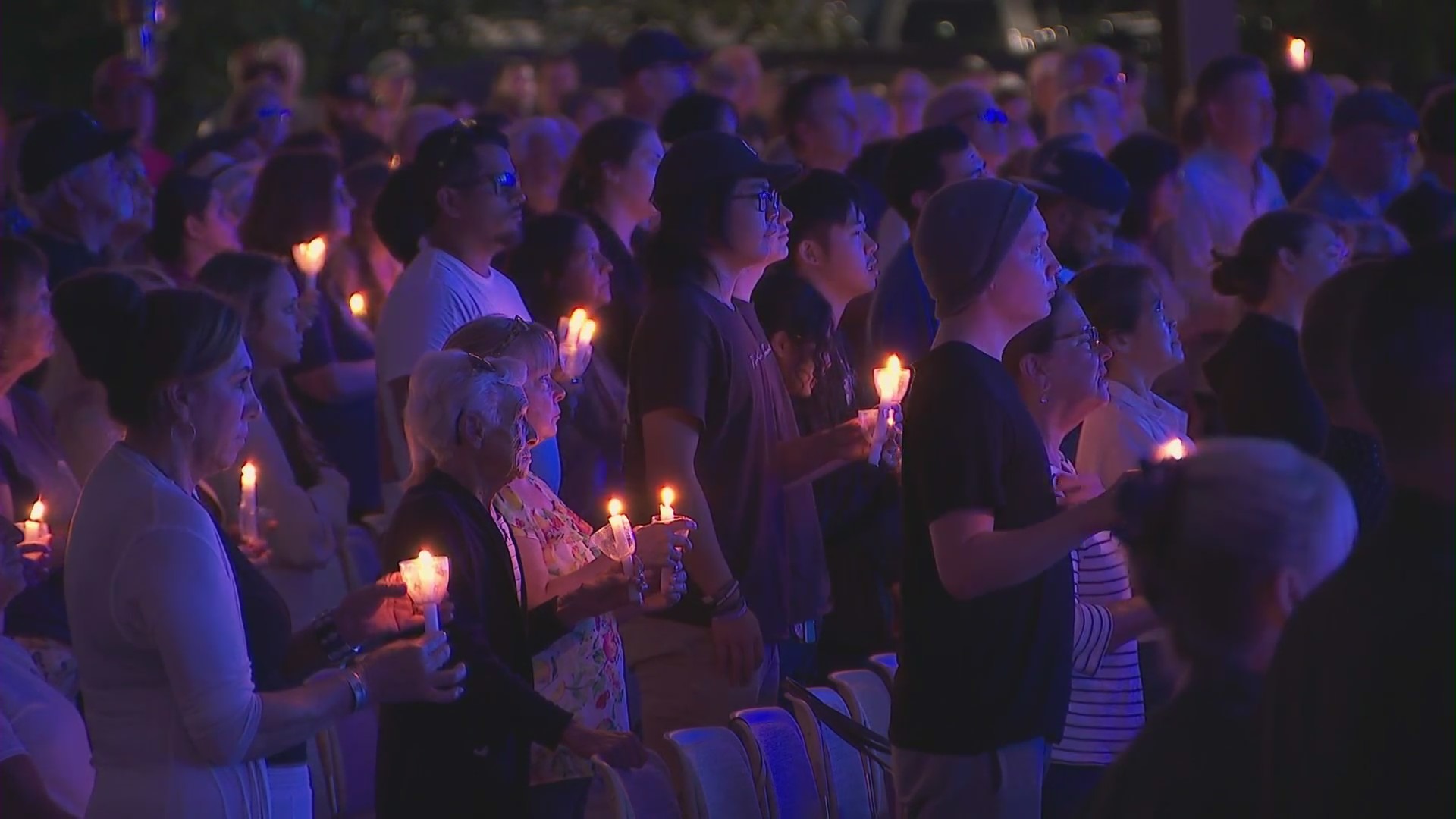 Hundreds attended a community gathering and prayer held in a Lake Forest church to honor the victims killed in a mass shooting at Cook’s Corner bar on Aug. 25, 2023. (KTLA)