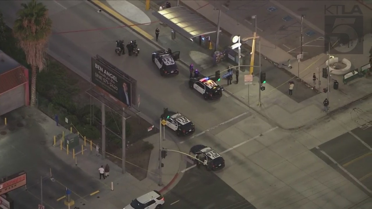 One person was killed and another hospitalized after a deadly shooting at a Metro bus station in Tarzana on August 4, 2023. (KTLA)