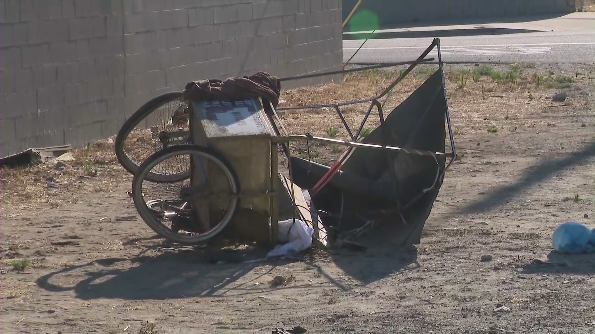 Yasmini Camacho’s mangled street vendor cart after a being struck by a hit-and-run driver in Fontana on Aug. 3, 2023. (KTLA)