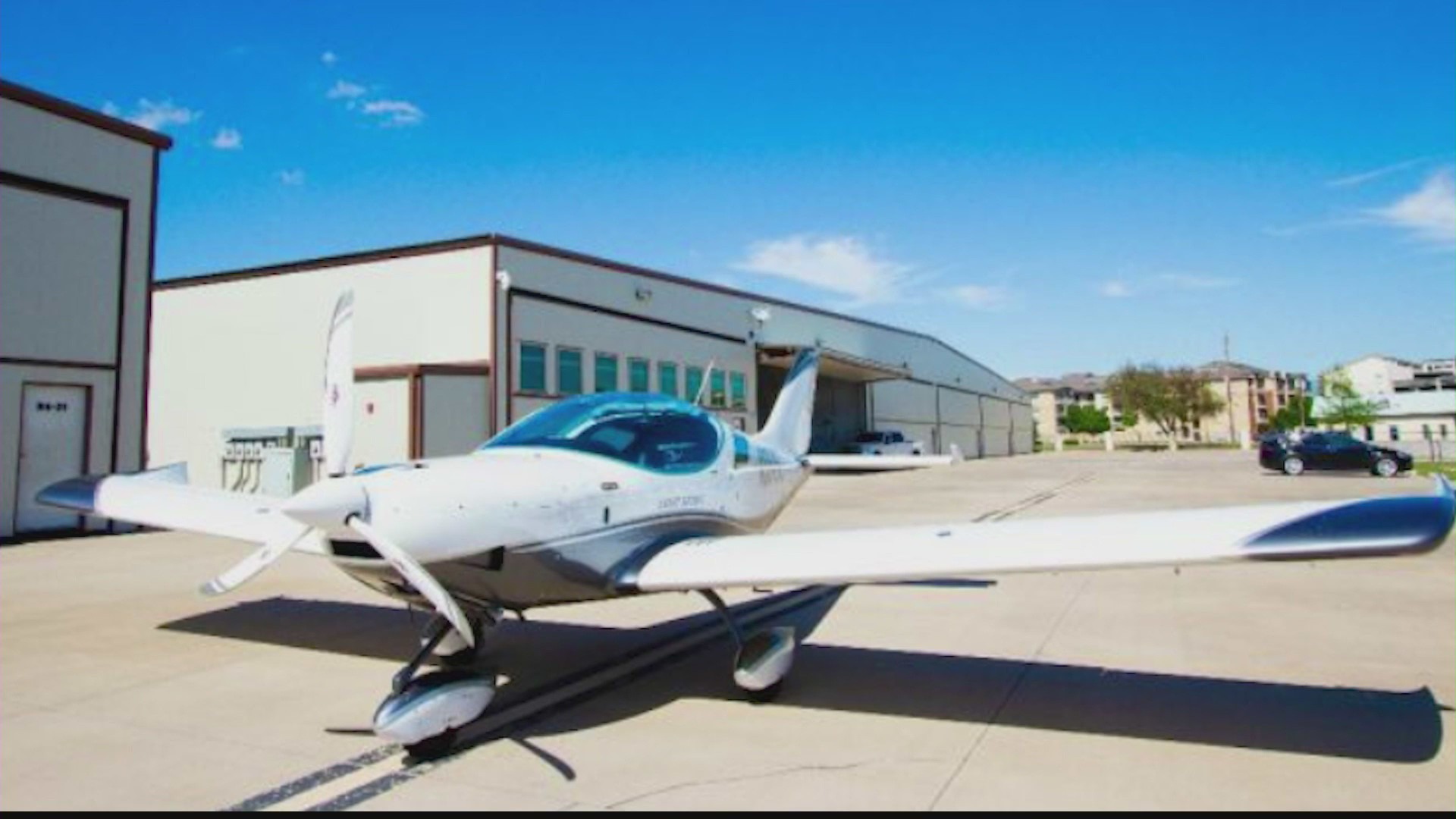 The small two-seater single engine plane involved in a deadly crash that killed two people in Van Nuys on August 2, 2023. (KTLA)