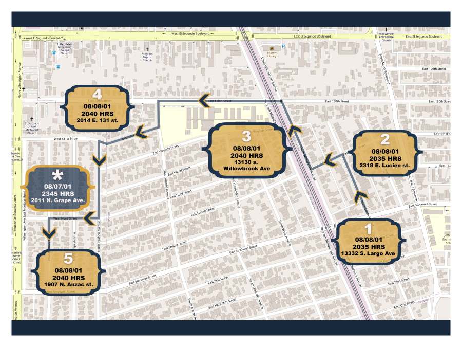 Map showing the series of related shootings that occured on the night Stephen Murphy and his daughter Kali Murphy were murdered on Aug. 8, 2001. (Los Angeles County Sheriff’s Department)