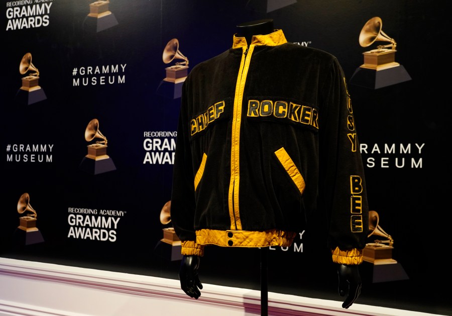 A jacket that was worn by hip hop musician Chief Rocker Busy Bee is displayed in preparation for the exhibit "Hip-Hop America: The Mixtape," at the Grammy Museum, Friday, Sept. 1, 2023, in Los Angeles. The Grammy Museum announced on Wednesday that it is launching the exhibit, celebrating 50 years of the genre. It will open on October 7 and run until September 4, 2024. (AP Photo/Chris Pizzello)